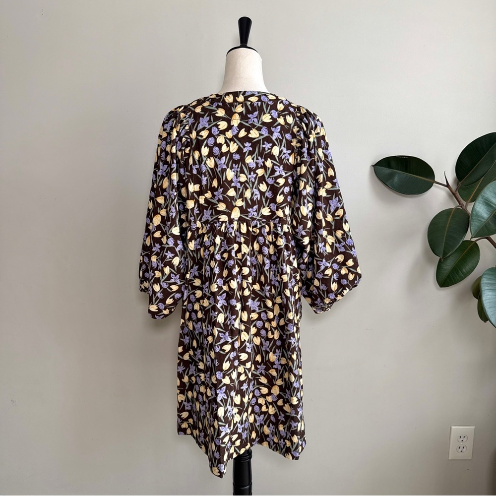 Umgee Corduroy Floral Print Babydoll Mini Dress in Brown M - Picture 10 of 12